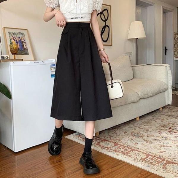 여성 얇은7부 캐주얼룩 편한뒷밴딩 와이드핏 치마바지