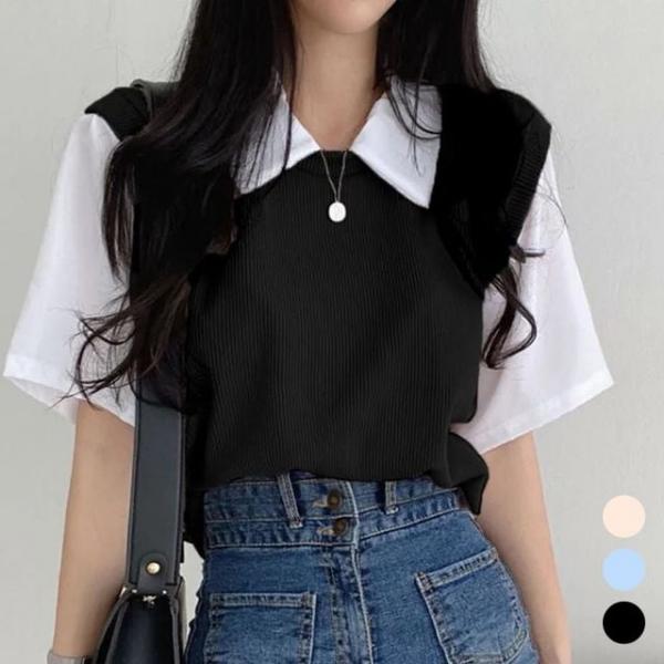 여성 셔츠 니트 조끼 레이어드 스타일 반팔 티셔츠