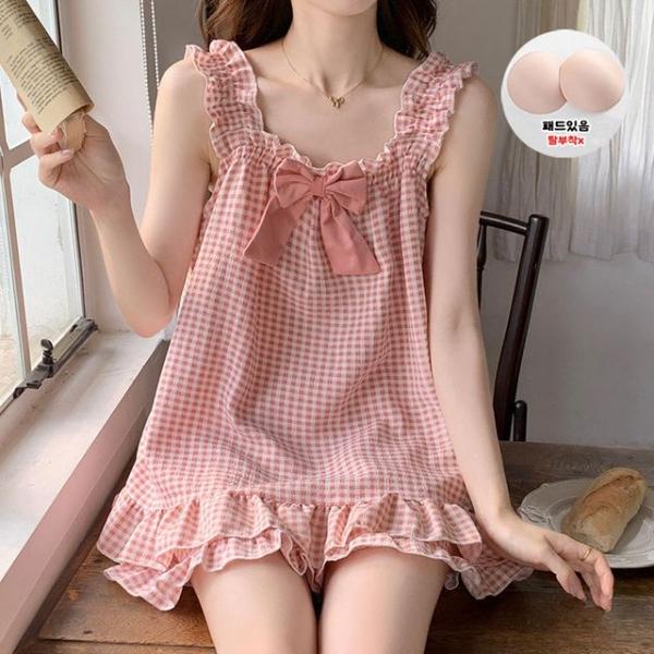 (프릴체크핑크) 여성 여름잠옷 상하세트 나시 반바지