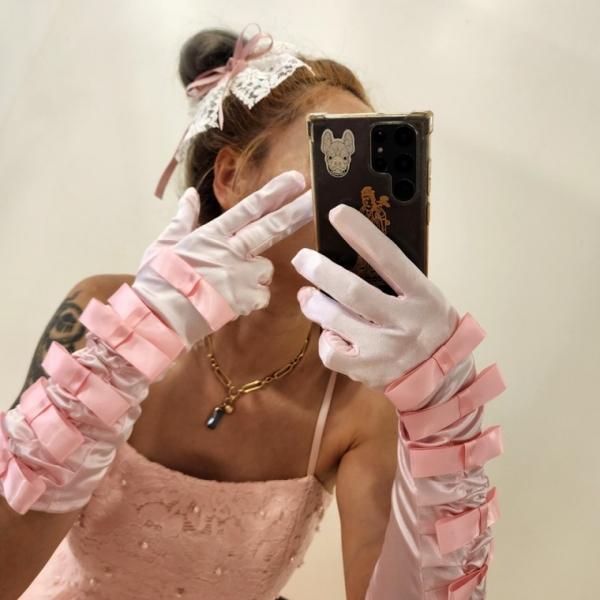 여자 생일 파티 특별한날 리본 핑크 세틴 장갑