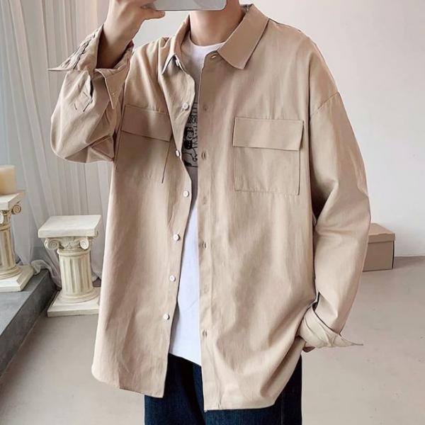 남성 베이직 무지 오버핏 포켓 오버핏 긴팔 셔츠