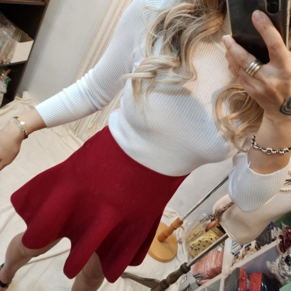 여성 하이웨스트 와인 니트 플레어 미니 스커트