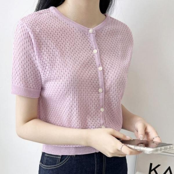 펀칭 시스루 스타일 여자 여름 반팔 니트 가디건
