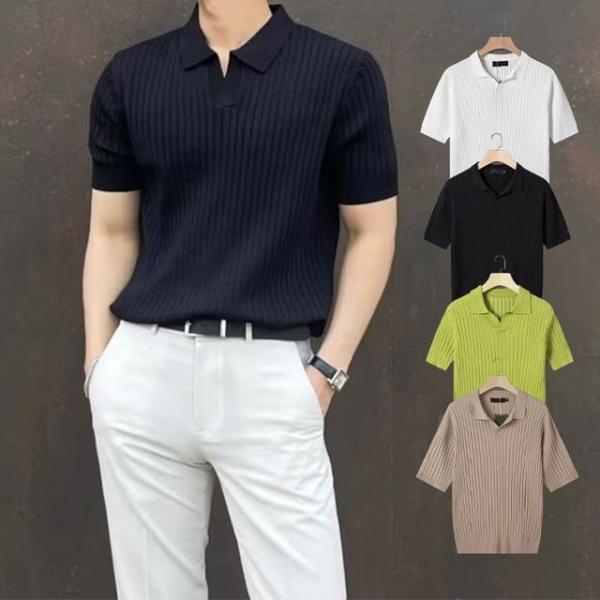 남성 노버튼 오픈 카라 골지 반소매 니트