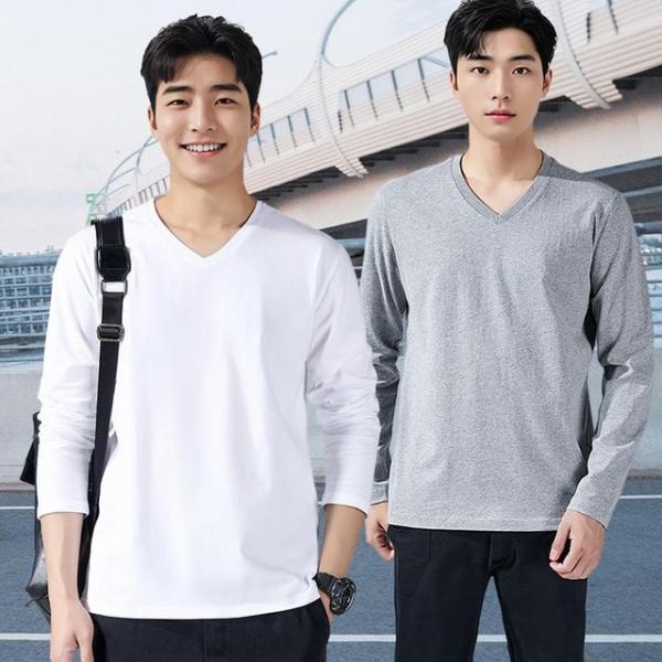 남자 V넥 긴팔 무지티 흰색면티 레이어드 긴팔 티셔츠