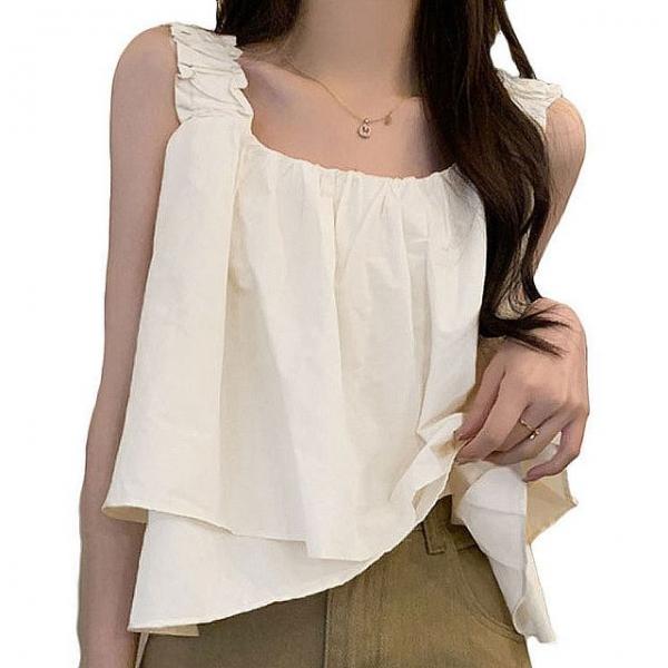 여성 여름 프릴나시 블라우스 A라인 크롭 민소매