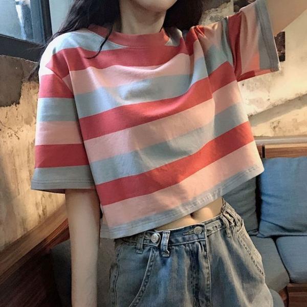 스트라이프 여자 반팔 크롭 박스 티셔츠 패션 배꼽티