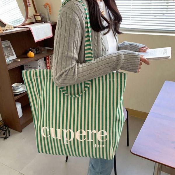 스트라이프 여성 캔버스백 캐주얼 학생 토트백 숄더백