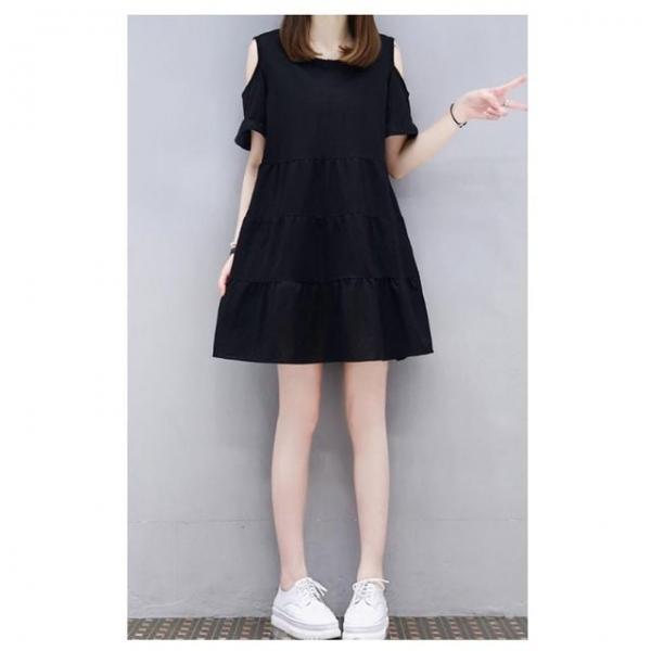 여자 블랙 오픈숄더 미니 반팔 원피스 여름 데이트룩