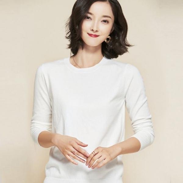 키밍 라운드 니트 라운드넥 긴팔 여성 스웨터 티셔츠