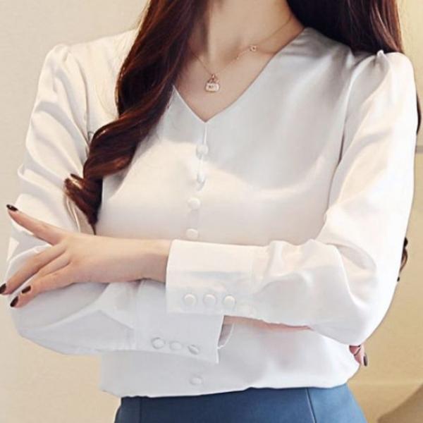 여성 블라우스 화이트 브이넥 여자 캐주얼 셔츠