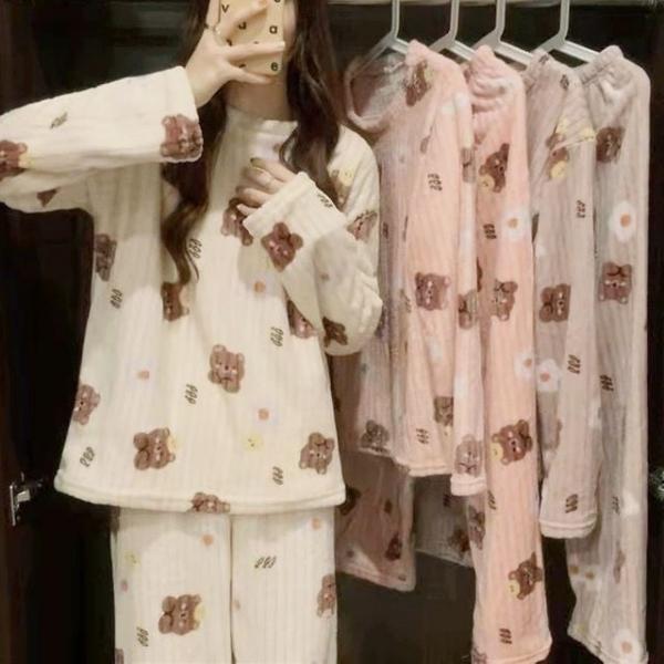 곰돌이 겨울 여자 극세사 수면 잠옷 공주 파자마 세트