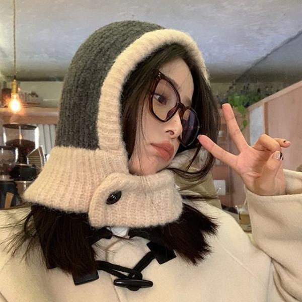 부클 버튼 단추 배색 파스텔 니트 바라클라바 넥워머