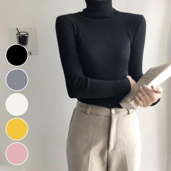 여성 베이직 목폴라 슬림핏 니트 골지 목티 터틀넥