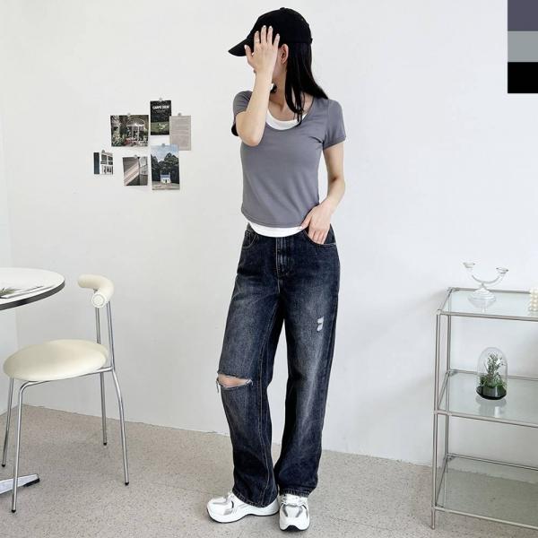 ACC SS1014W 여자 배색 레이어드 스쿱넥 반팔 티셔츠