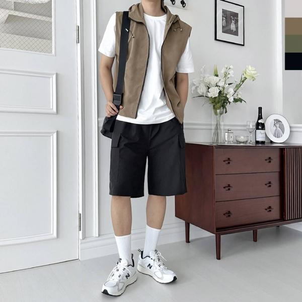 GSS SF1020M-NP52M 남자 고프코어 후드 바람막이 조끼 카고 7부 반바지 세트