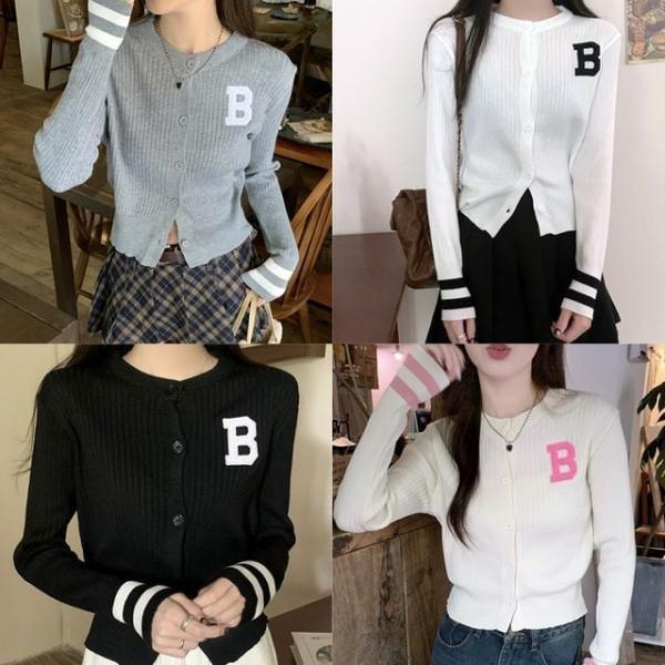 여성 B가디건 크롭 골지 라운드넥 숏 슬림핏