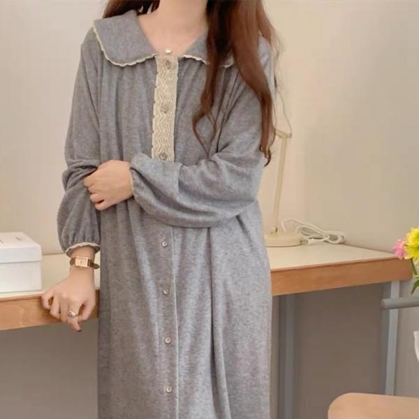 포근한 겨울 긴팔 레이스 피치기모 원피스 잠옷 파자마