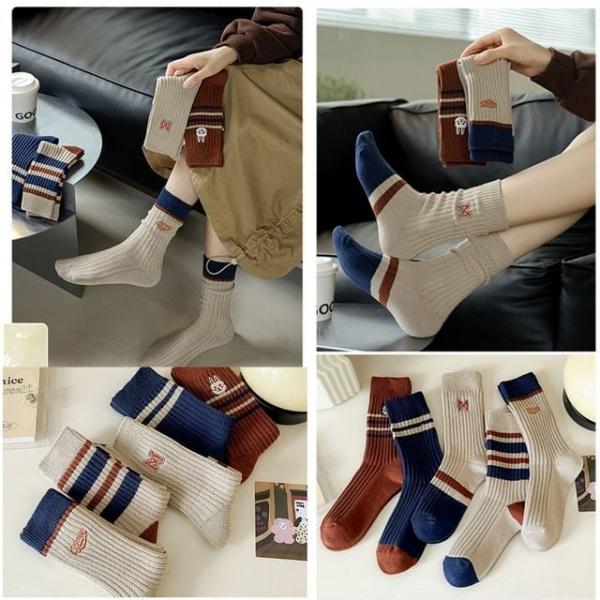 가을 겨울 스트라이프 자수 중목 면 양말 (5켤레)