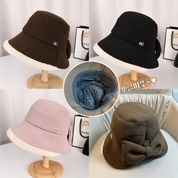 DO 리본 퍼 모직 모자 챙 모자 벙거지 겨울 여성 보온