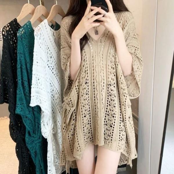여성 레이스 시스루 그물 니트 커버업 아우터 해변 박