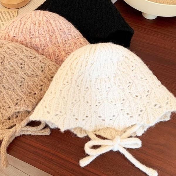 지그재그 니트 목끈 챙 벙거지 모자 겨울 털 여성 여