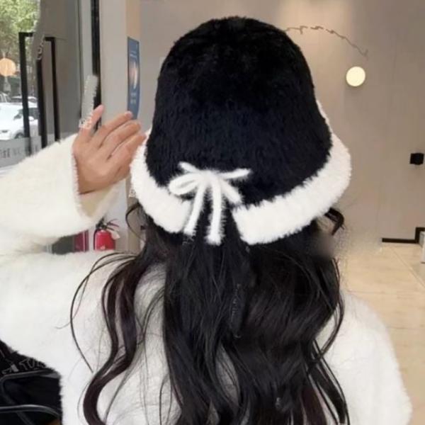리본 앙고라 퍼 벙거지 모자 버킷햇 겨울 가을 여성