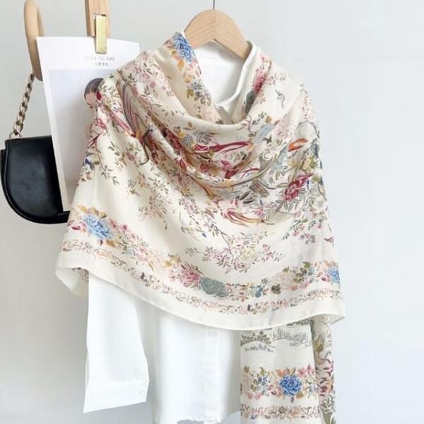 여성 우아 꽃무늬 롱 스카프 봄 머플러 간절기 면 중