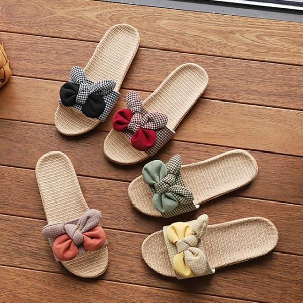 여성 트위드 리본 라탄 슬리퍼 실내화 밀짚 실내화 실