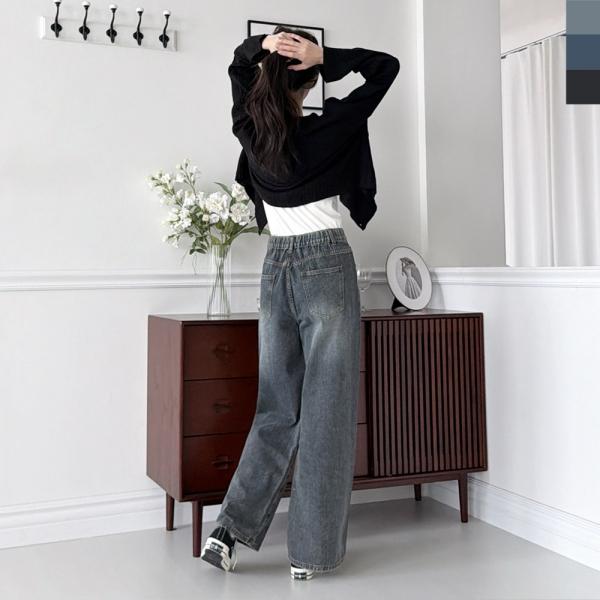 JMM WSF2007 여자 뒷밴딩 포켓라인 워싱 와이드데님