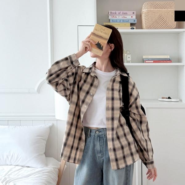 GQQ SF1039W 여자 오버핏 빅사이즈 데일리 체크 남방 셔츠