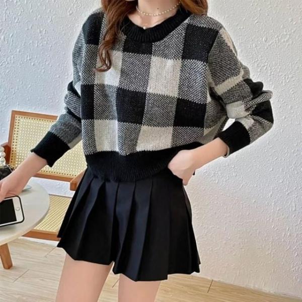 크롭 체크패턴 니트 color 70 데일리니트 패턴니트 루즈핏니트 크롭니트 여성니트