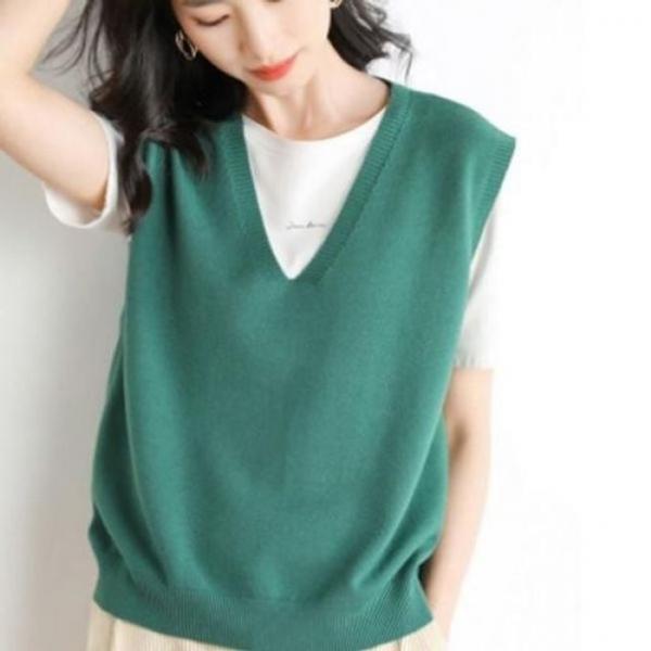 혼방 가을 겨울 여성용 솔리드 컬러 풀오버 조끼 니트 조끼 103 조끼 루즈핏 니트 가을