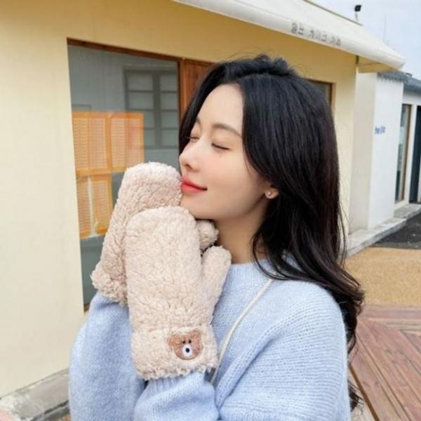 겨울 베어 뽀글이 벙어리 장갑 방한 끈달린 장갑 방한장갑 겨울장갑 곰돌이장갑 남녀공용장갑