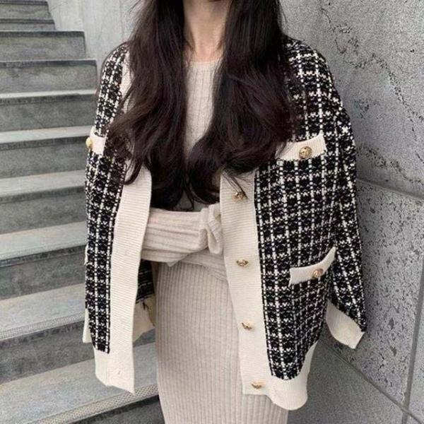 블랙 트위드 체크 가디건 루즈핏 겨울 니트 아우터