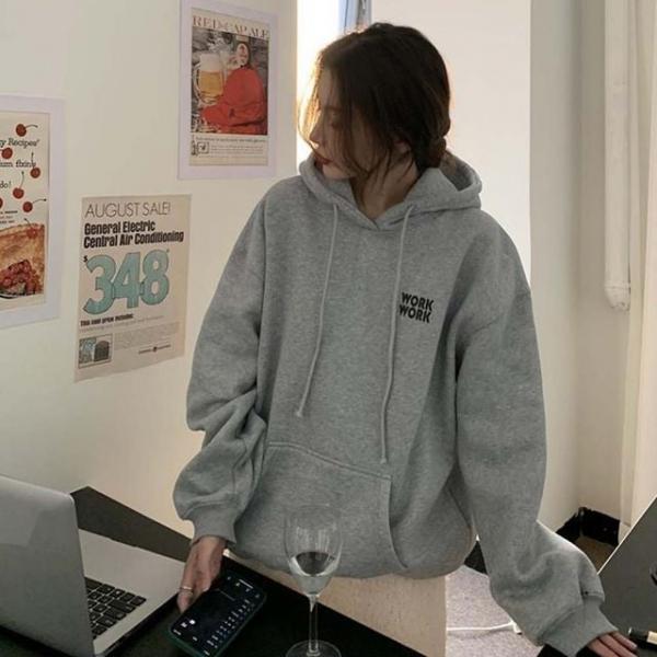 여자 워크 빅 레터링 기모 오버핏 후드 티셔츠 URK-527