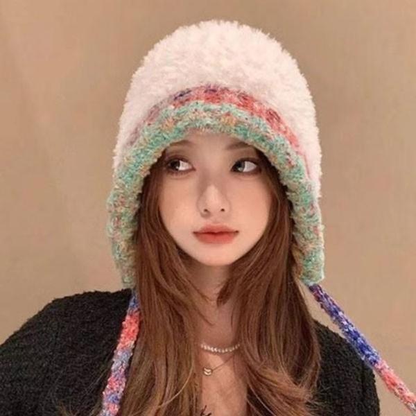 컬러믹스 배색 니트 스트링 모자 털모자 보온 가을 겨울 여성 여성 벙거지 모자 히트 선물 가을 모자