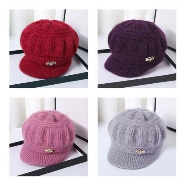 겨울 귀 보온 여성 할머니 챙 모자 융털 안감 털 방한 니트 호박 빵 캡 보석 브롯지 로고 귀도리