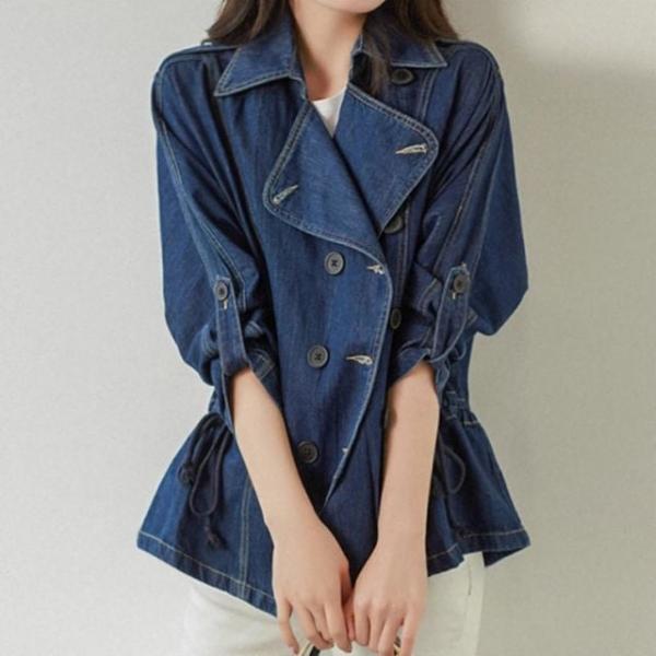 여성 데일리 캐주얼 카라 허리 스트랩 데님 자켓 청자켓