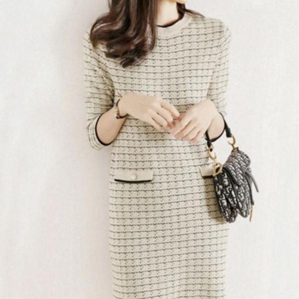 여성 고급 직장인 하객룩 긴팔 체크 니트 포켓 원피스