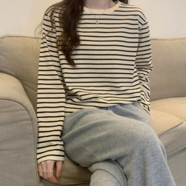 여성 긴팔 루즈핏 스트라이프 롱슬리브 맨투맨 티셔츠
