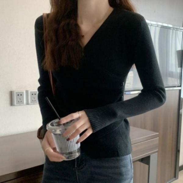여성 간절기 데일리 베이직 브이넥 랩 골지 긴팔 니트