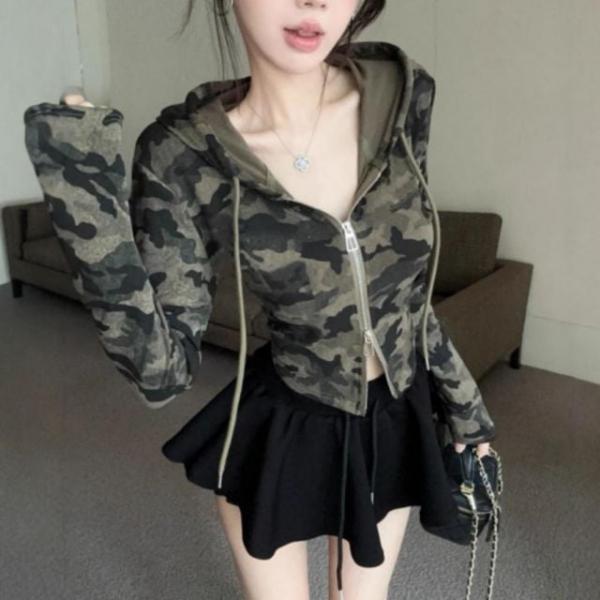 여성 캐주얼 밀리터리 투웨이 지퍼 카모 크롭 후드 집업