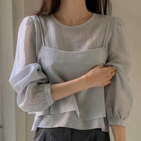 여성 간절기 시스루 긴팔 탑 나시 블라우스 투피스 세트