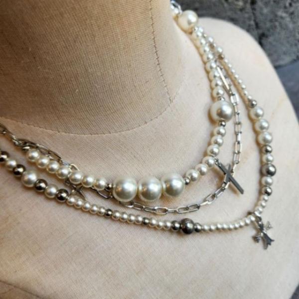 여성 데일리 레이어드 십자가 체인 진주 펜던트 목걸이