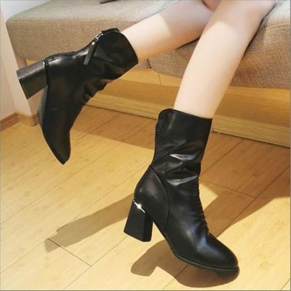 여성 중목 미들부츠 인조가죽 레더 벗기편한 뒷지퍼 5.5cm