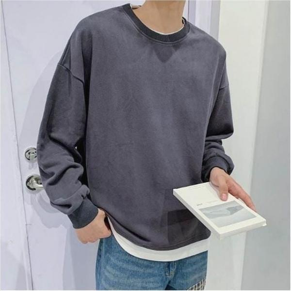 남성 긴팔 라운드넥 티셔츠 레이어드 두겹 페이크 무지티
