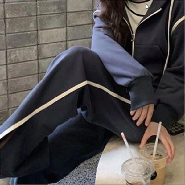 여성 배색 라인 트레이닝복 후드집업 밴딩 일자핏 바지 세트