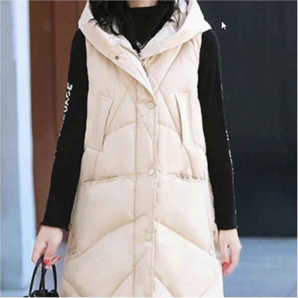 여성 롱패딩 후드 조끼 레이어드 민소매 패딩점퍼 화이버 소재