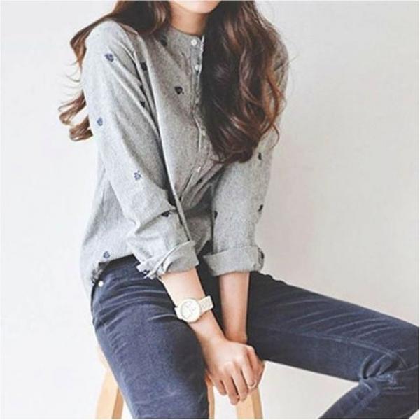 여자 나뭇잎 패턴 차이나카라 자수 셔츠 긴팔 블라우스